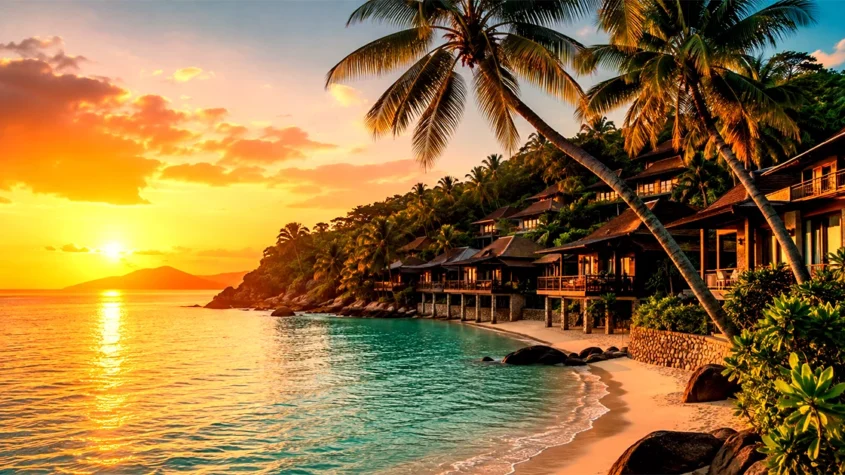Malaysian beach resort at golden hour